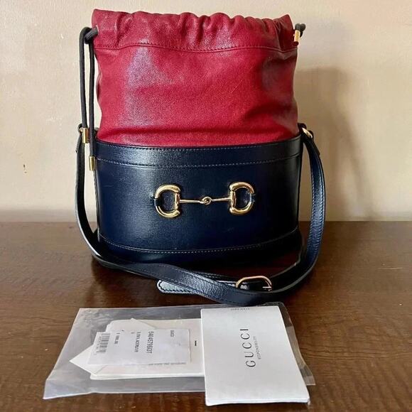 Gucci Azalea Sakai Be Green Horsebit 1955 Drawstring Bucket Bag Blue Cherry Red - Picture 2 of 9